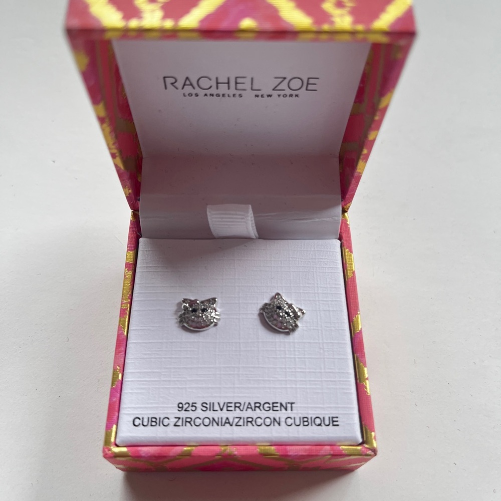 Rachel Zoe Silver Cat with Bow Sparkling Stud Earrings